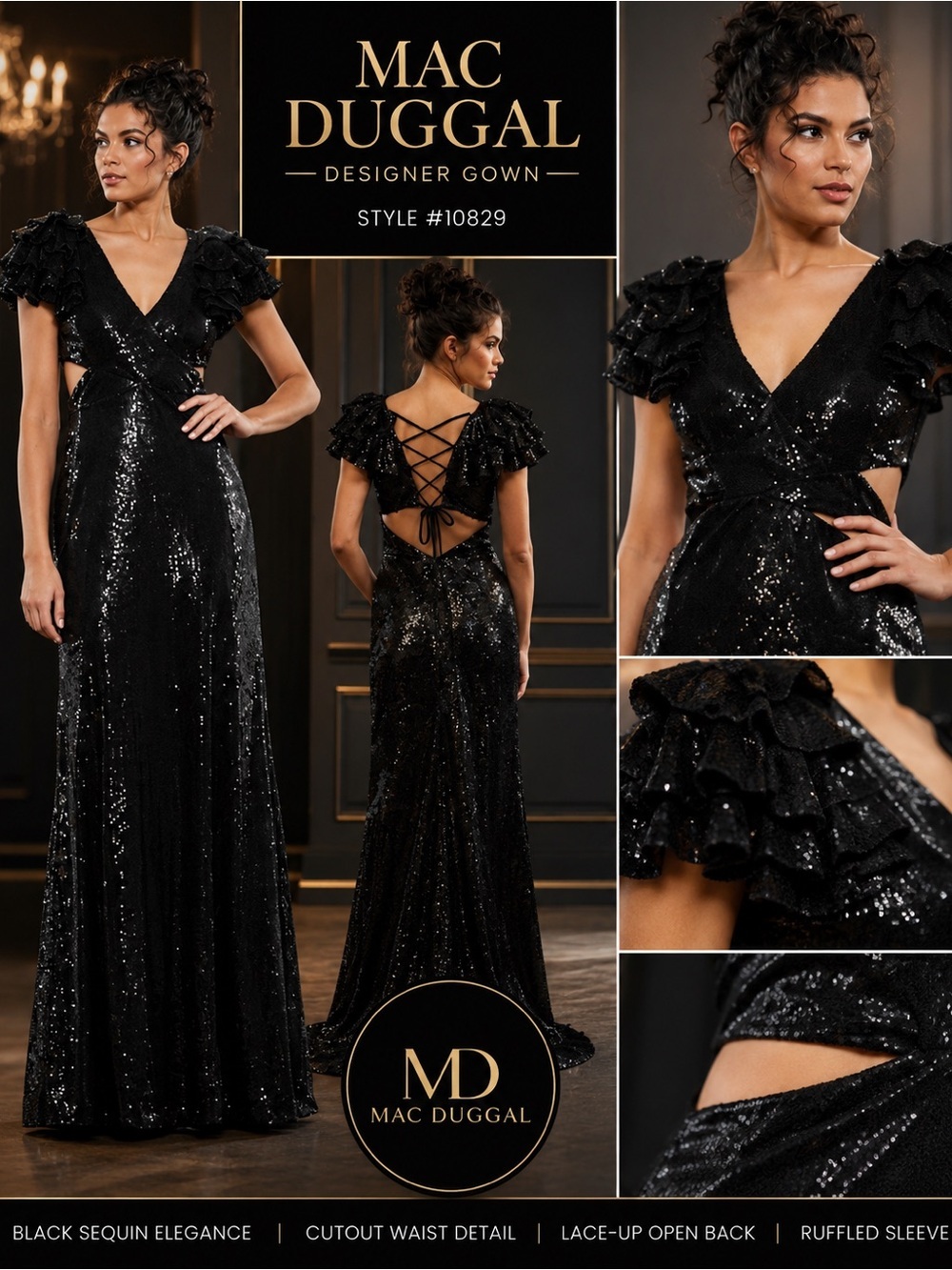 Mac Duggal Black Sequin Cutout Lace Up Formal Gown Size 0 NWT